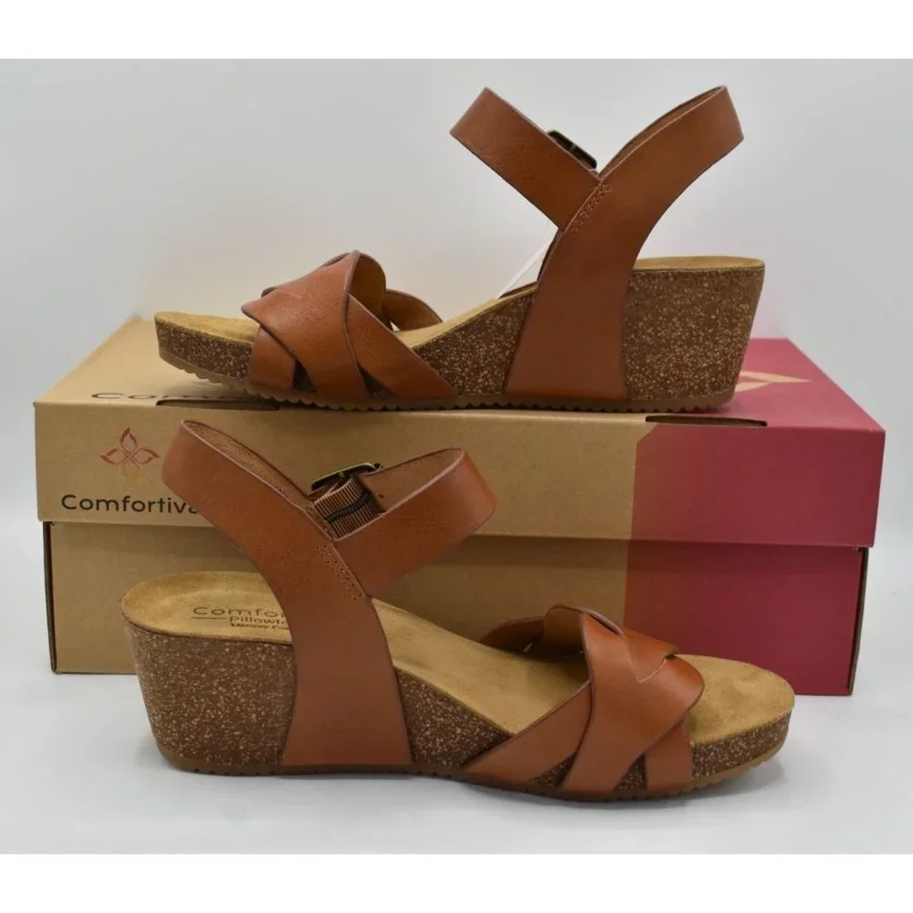 Comfortiva‎ Womens Size 9 Erena Luggage Leather Wedge Sandals Shoes